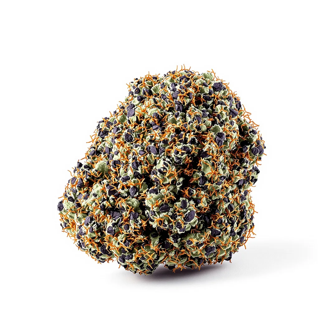 Double Tangie Banana 78% indica / 22% sativa — flor con tricomas visibles