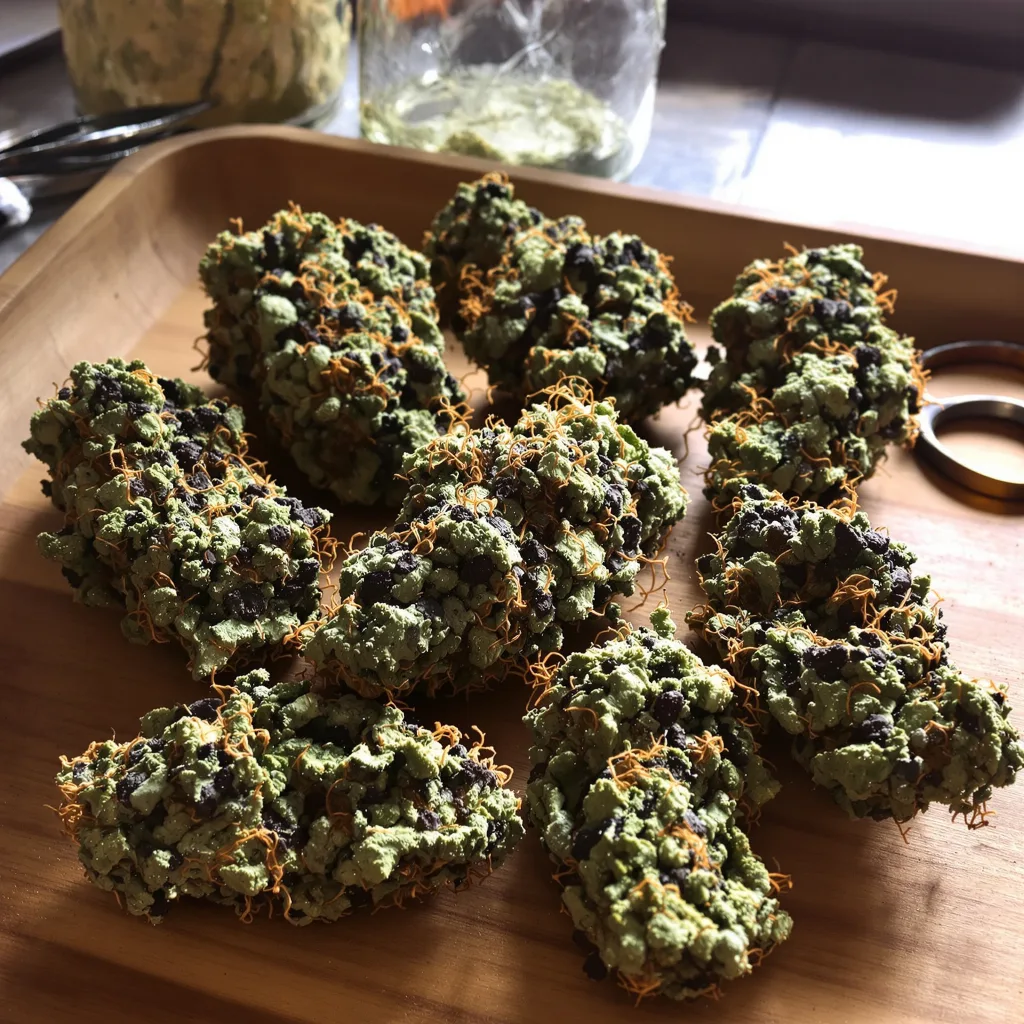 Dr. Funk 72% indica / 28% sativa — flor con tricomas visibles