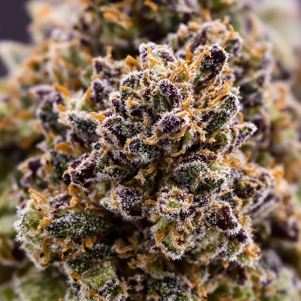 Primer plano de cogollo de cannabis Dr. Funk mostrando cálices densos con tonos morados