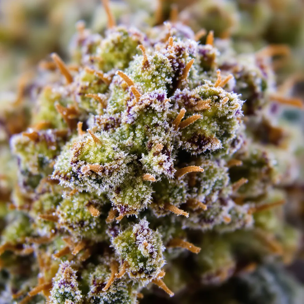 Primer plano de cogollo de cannabis Dr. Who mostrando estructura equilibrada con tricomas escarchados