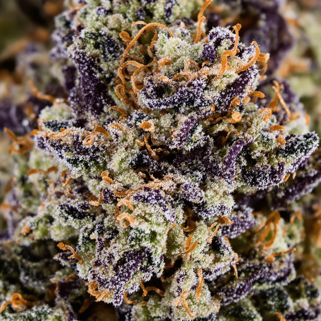 Primer plano de cogollo de cannabis Dream Berry mostrando cálices densos con tonos morados