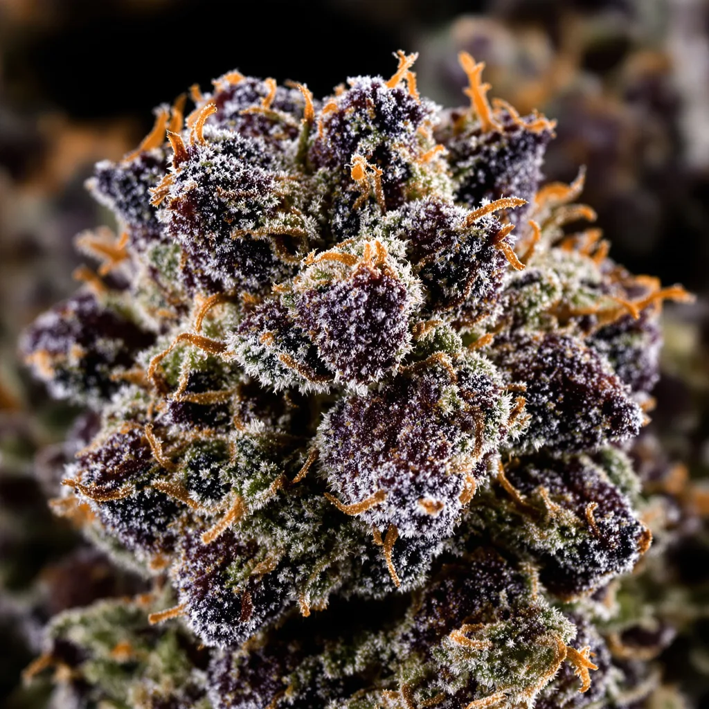Primer plano de cogollo de cannabis Dream Queen mostrando cálices densos con tonos morados