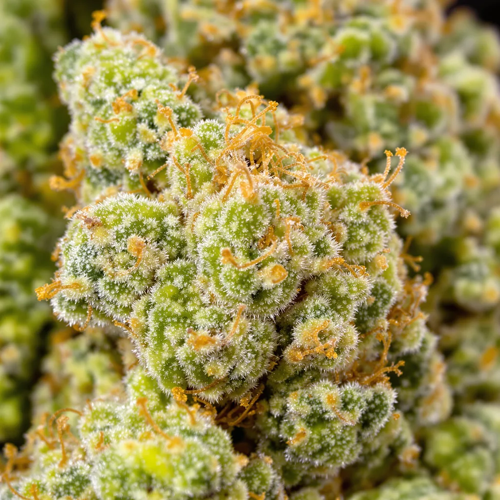 Primer plano de cogollo de cannabis Durban Poison mostrando estructura aireada verde lima
