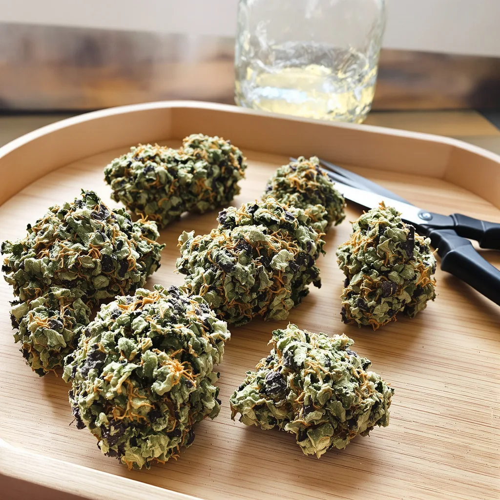 Durga Mata 77% indica / 23% sativa — flor con tricomas visibles