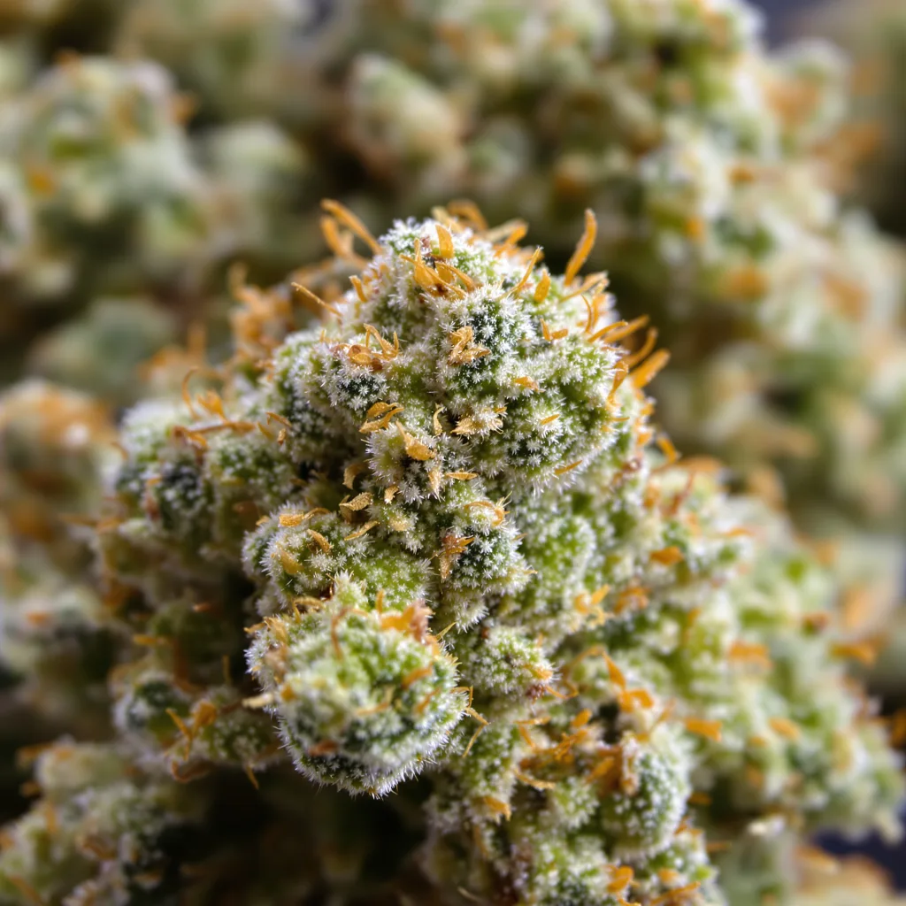 Primer plano de cogollo de cannabis Dutch Dragon mostrando estructura aireada verde lima