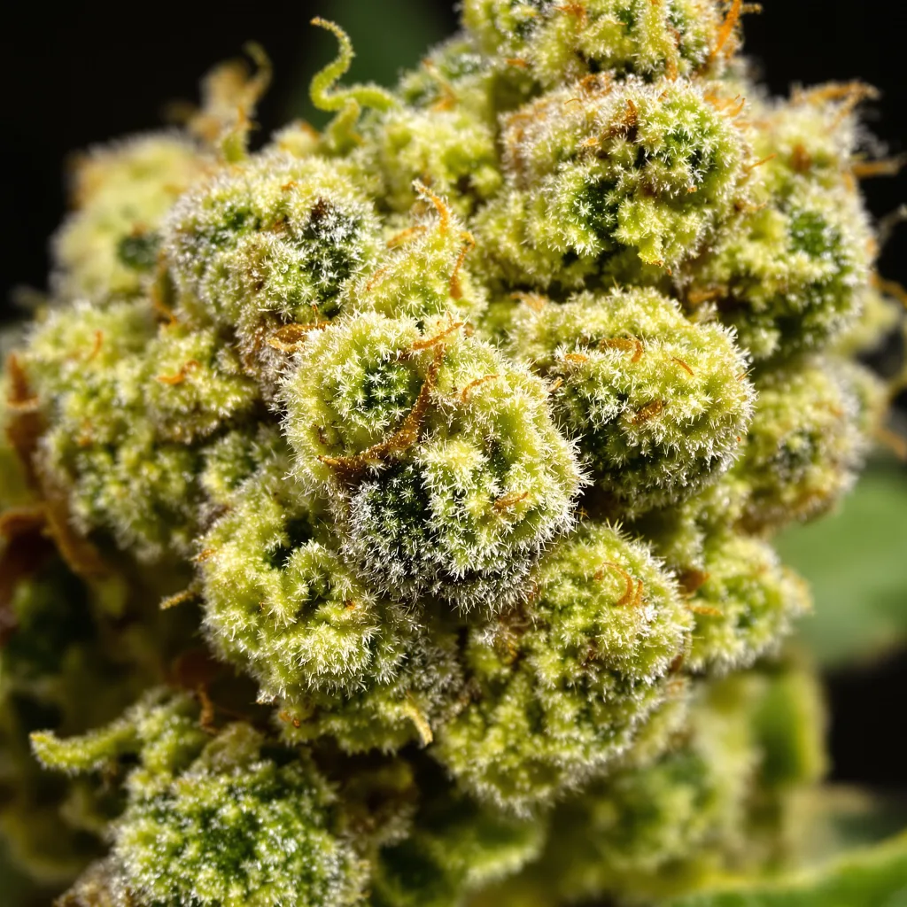 Primer plano de cogollo de cannabis Dutch Hawaiian mostrando estructura aireada verde lima