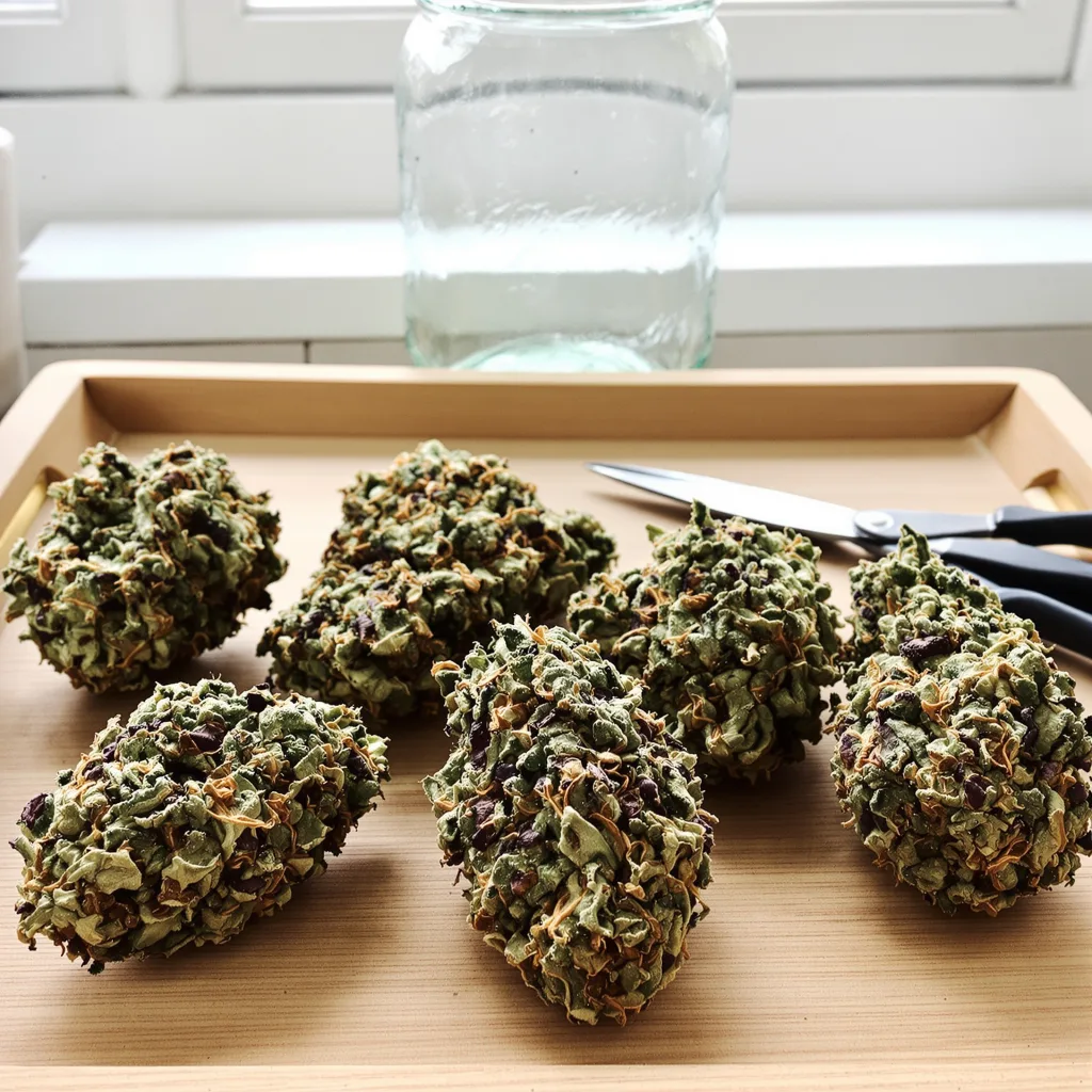 Dutch Kush 70% indica / 30% sativa — flor con tricomas visibles