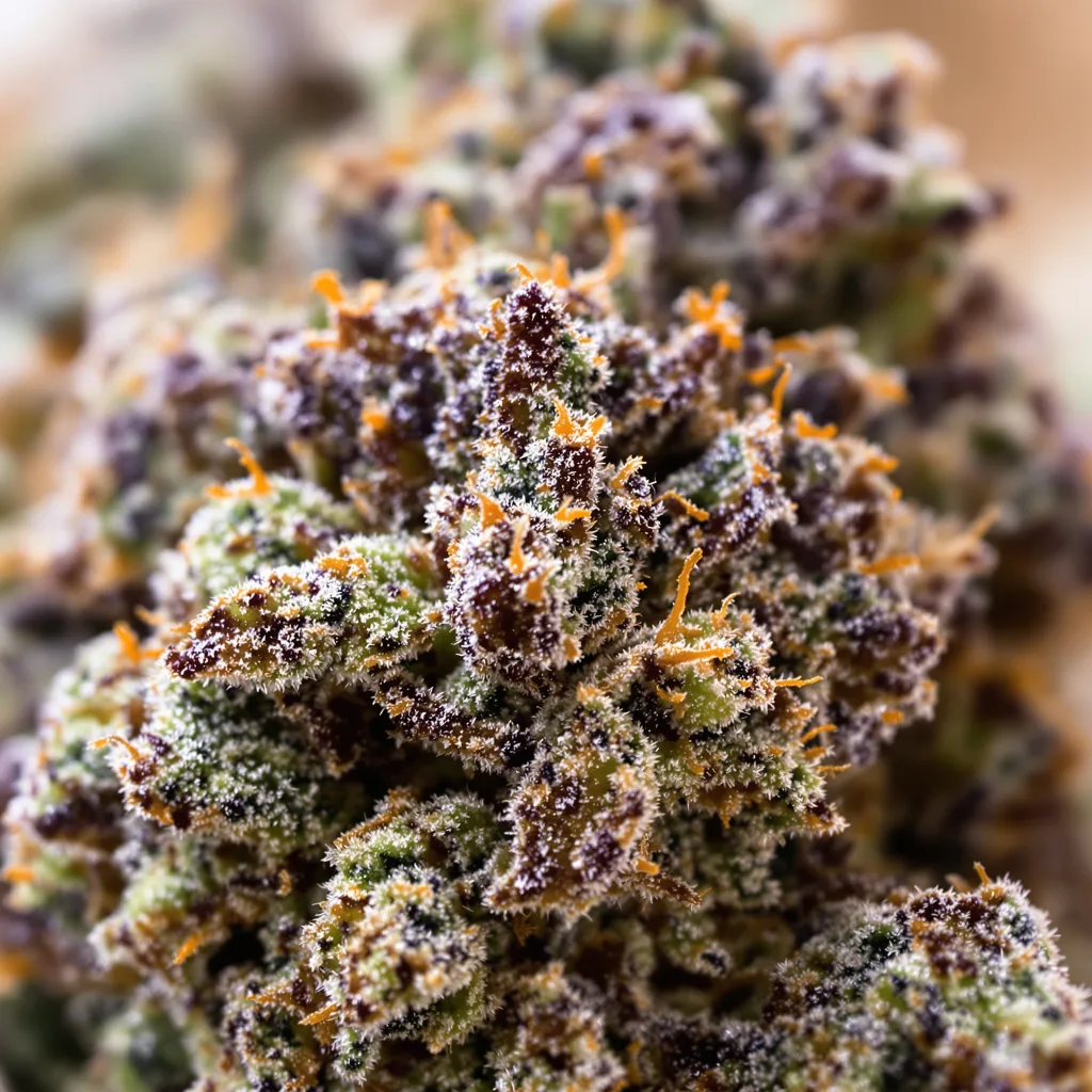 Primer plano de cogollo de cannabis Dutch Kush mostrando cálices densos con tonos morados