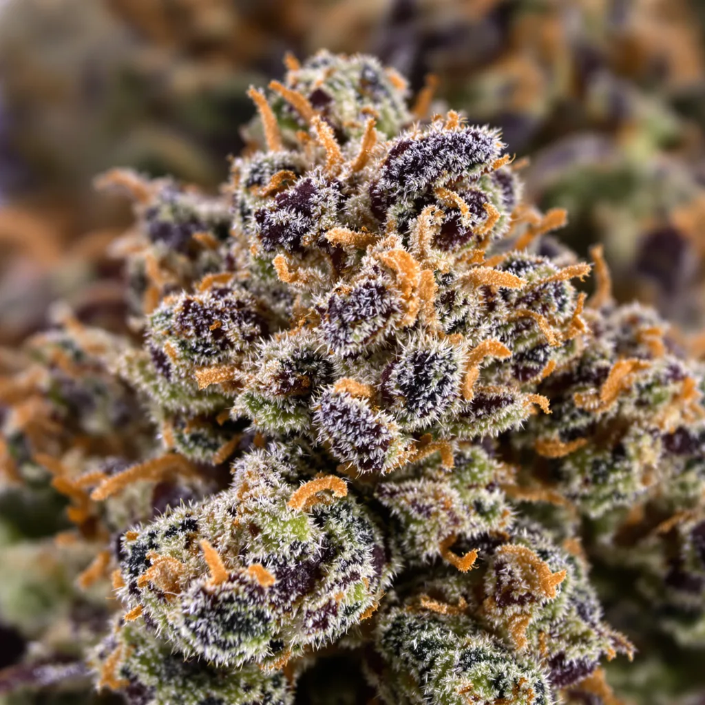 Primer plano de cogollo de cannabis Dutch Treat mostrando cálices densos con tonos morados