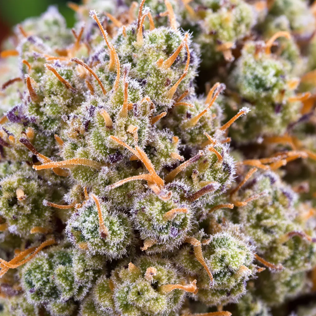 Primer plano de cogollo de cannabis Dutchberry mostrando estructura abierta con pistilos naranjas