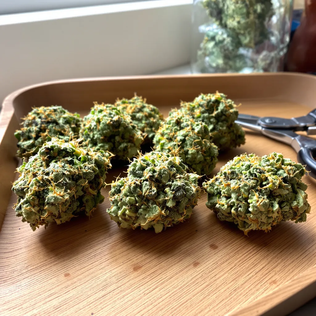 Dynamite Diesel 19% indica / 81% sativa — flor con tricomas visibles