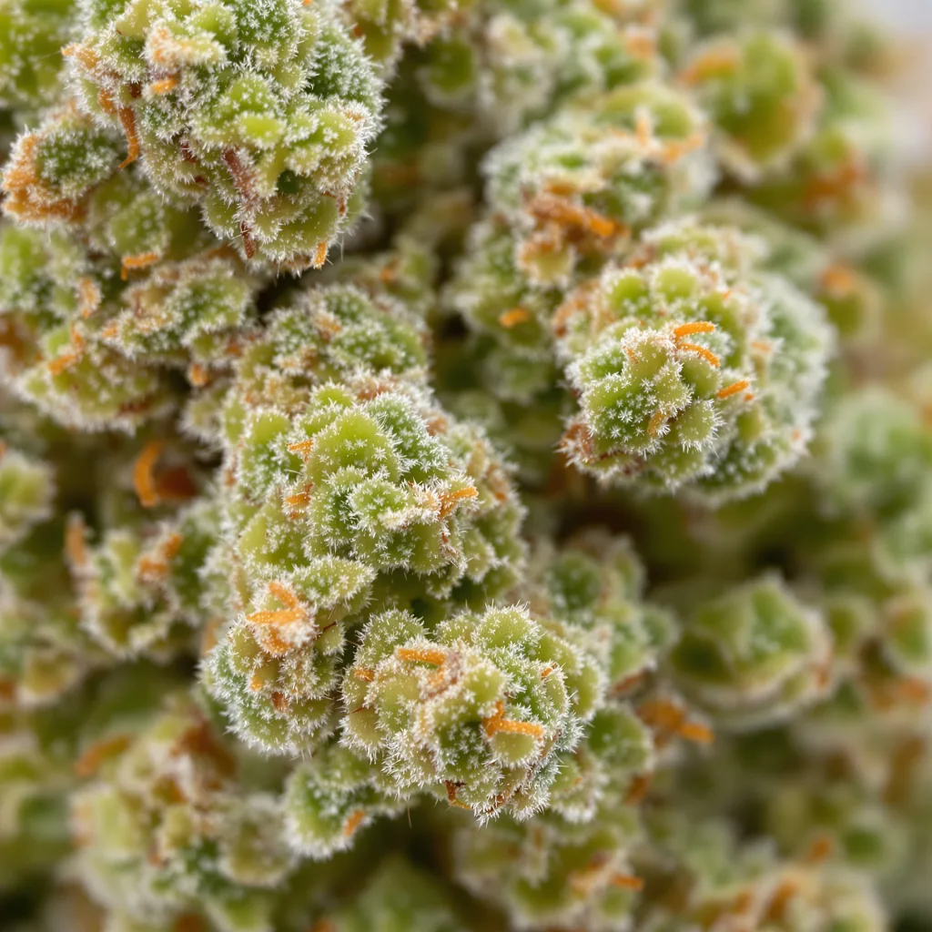 Primer plano de cogollo de cannabis Dynamite Diesel mostrando estructura aireada verde lima