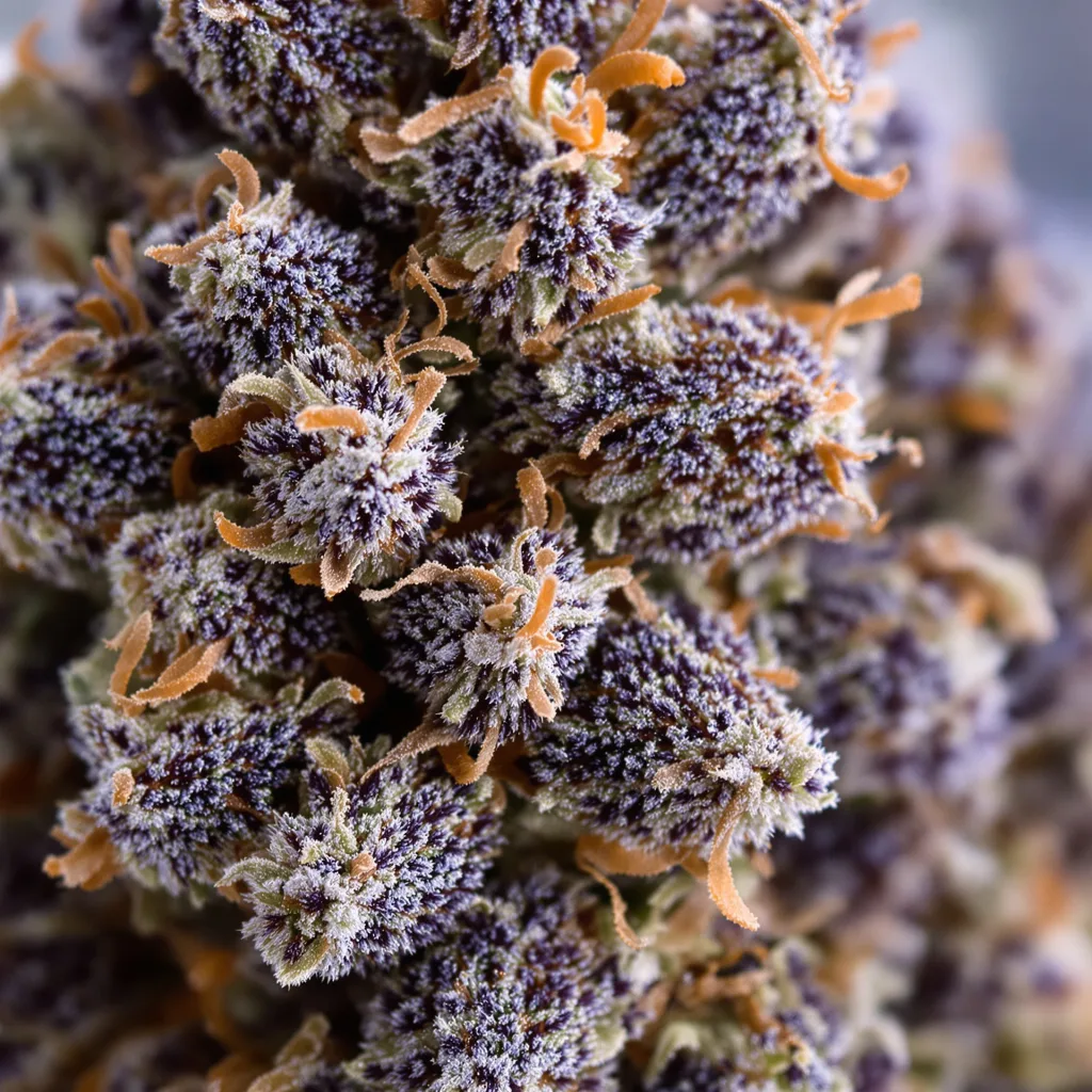 Primer plano de cogollo de cannabis Dynamite mostrando cálices densos con tonos morados