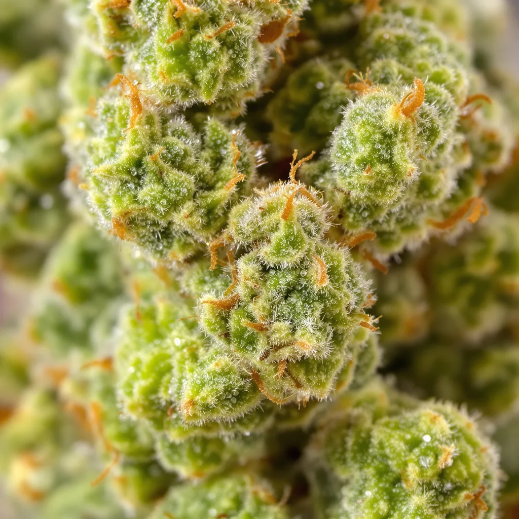 Primer plano de cogollo de cannabis East Coast Sour Diesel mostrando estructura aireada verde lima