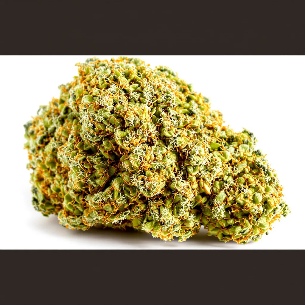 East Coast Sour Diesel 24% indica / 76% sativa — flor con tricomas visibles