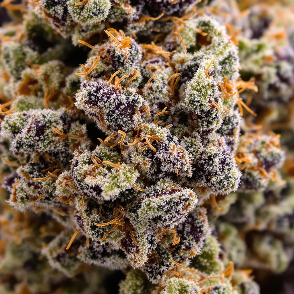 Primer plano de cogollo de cannabis Edelweiss mostrando cálices densos con tonos morados