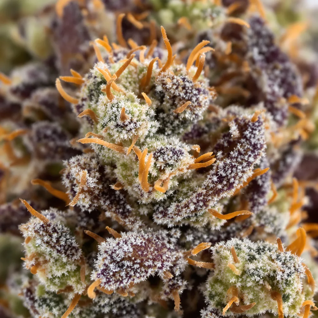 Primer plano de cogollo de cannabis El Chapo OG mostrando cálices densos con tonos morados