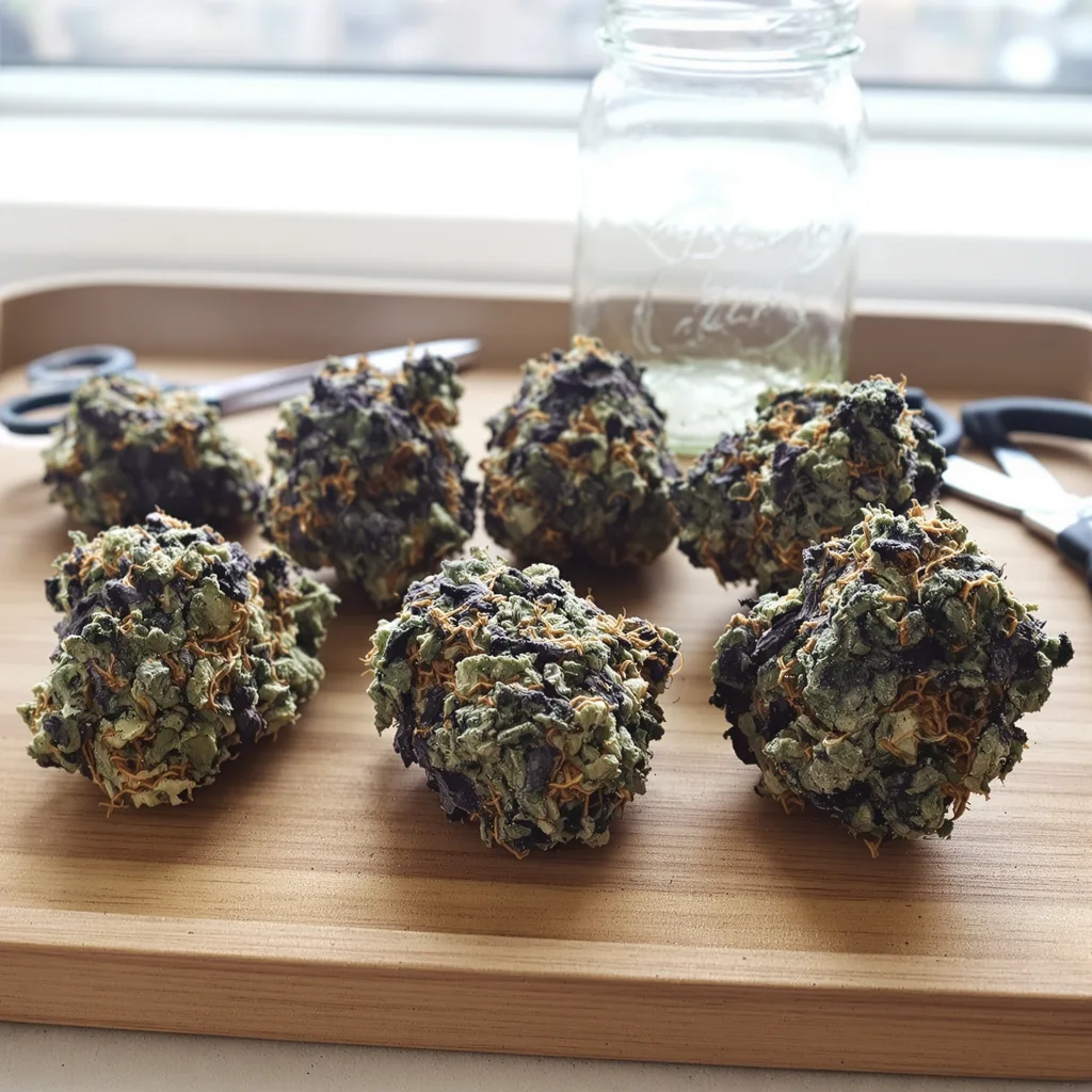 El Chapo OG 87% indica / 13% sativa — flor con tricomas visibles