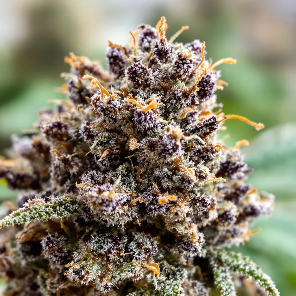 Primer plano de cogollo de cannabis El Jefe mostrando cálices densos con tonos morados