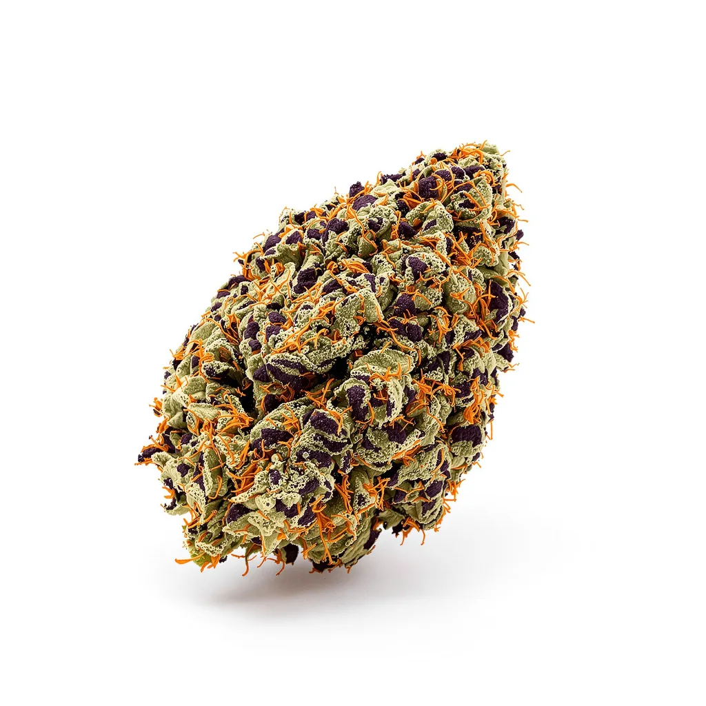 El Jefe 74% indica / 26% sativa — flor con tricomas visibles
