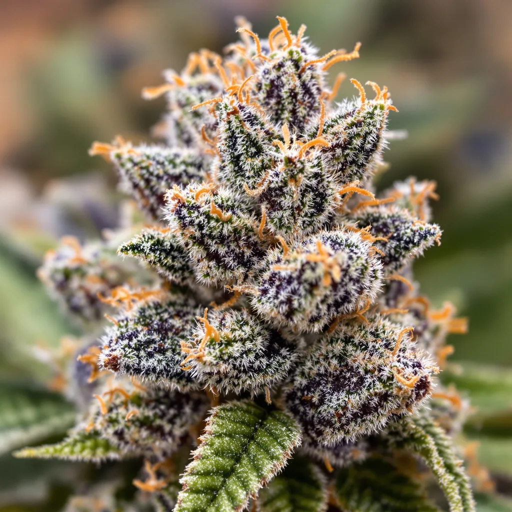 Primer plano de cogollo de cannabis Electric Blue mostrando cálices densos con tonos morados