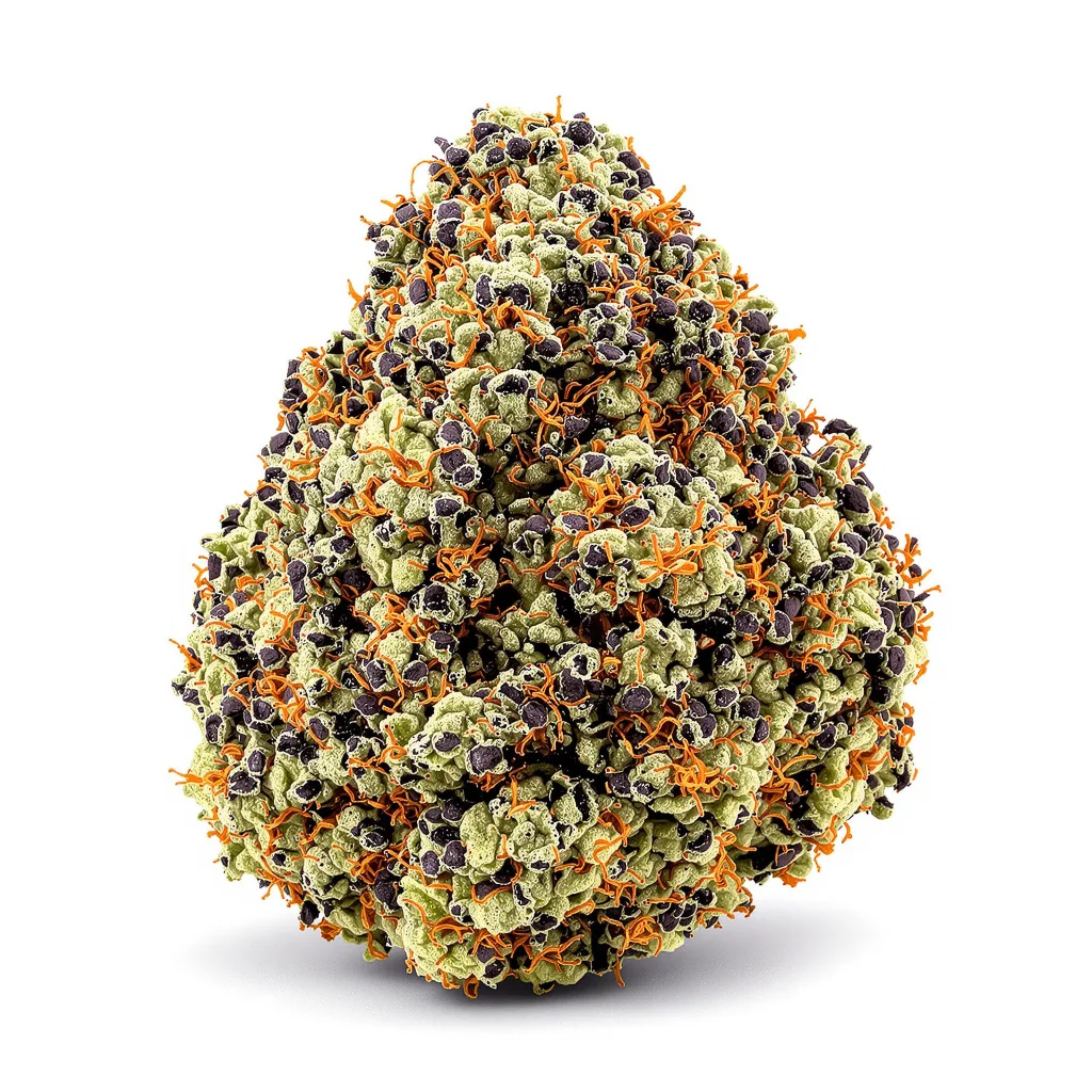 Electric Blue 86% indica / 14% sativa — flor con tricomas visibles
