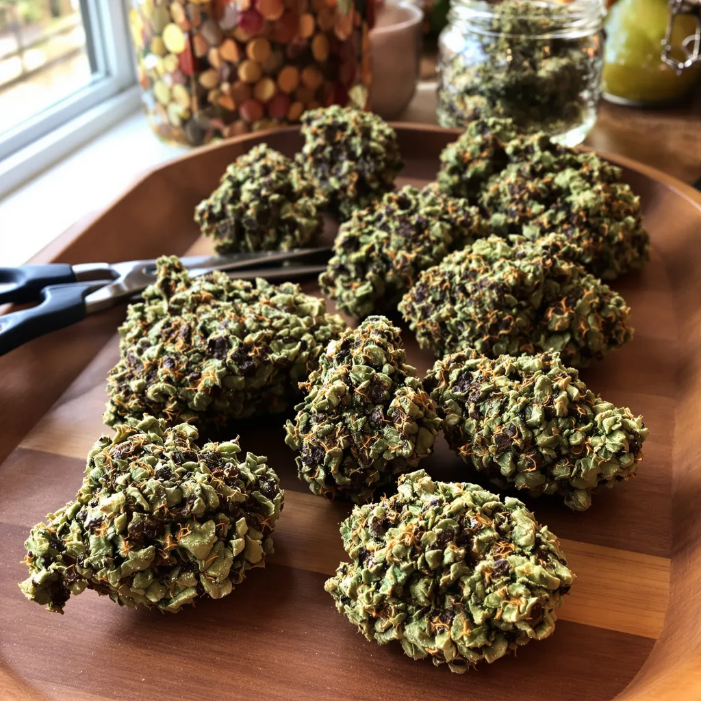 Electric Blue 86% indica / 14% sativa — flor con tricomas visibles