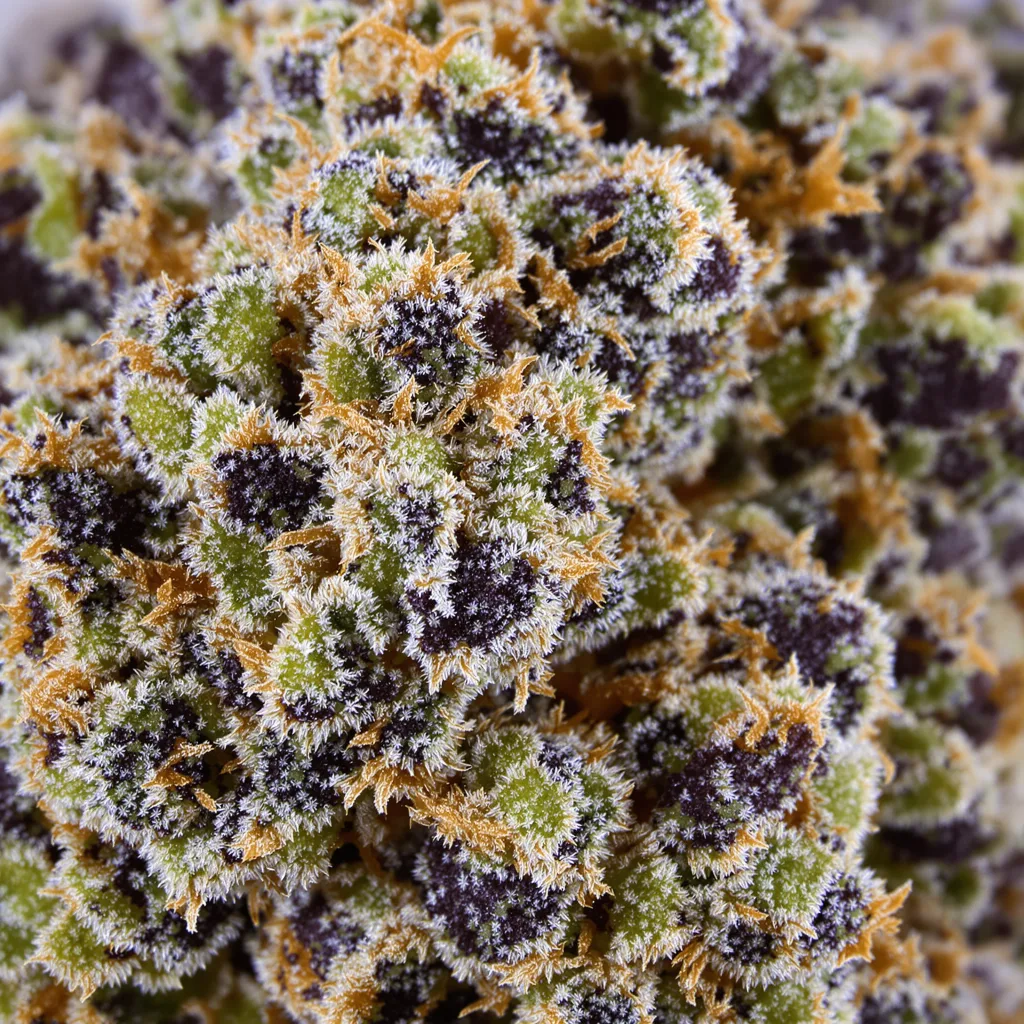 Primer plano de cogollo de cannabis Electric Blue mostrando cálices densos con tonos morados