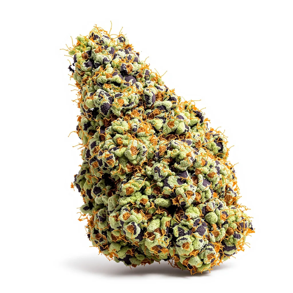 Electric Blue 86% indica / 14% sativa — flor con tricomas visibles