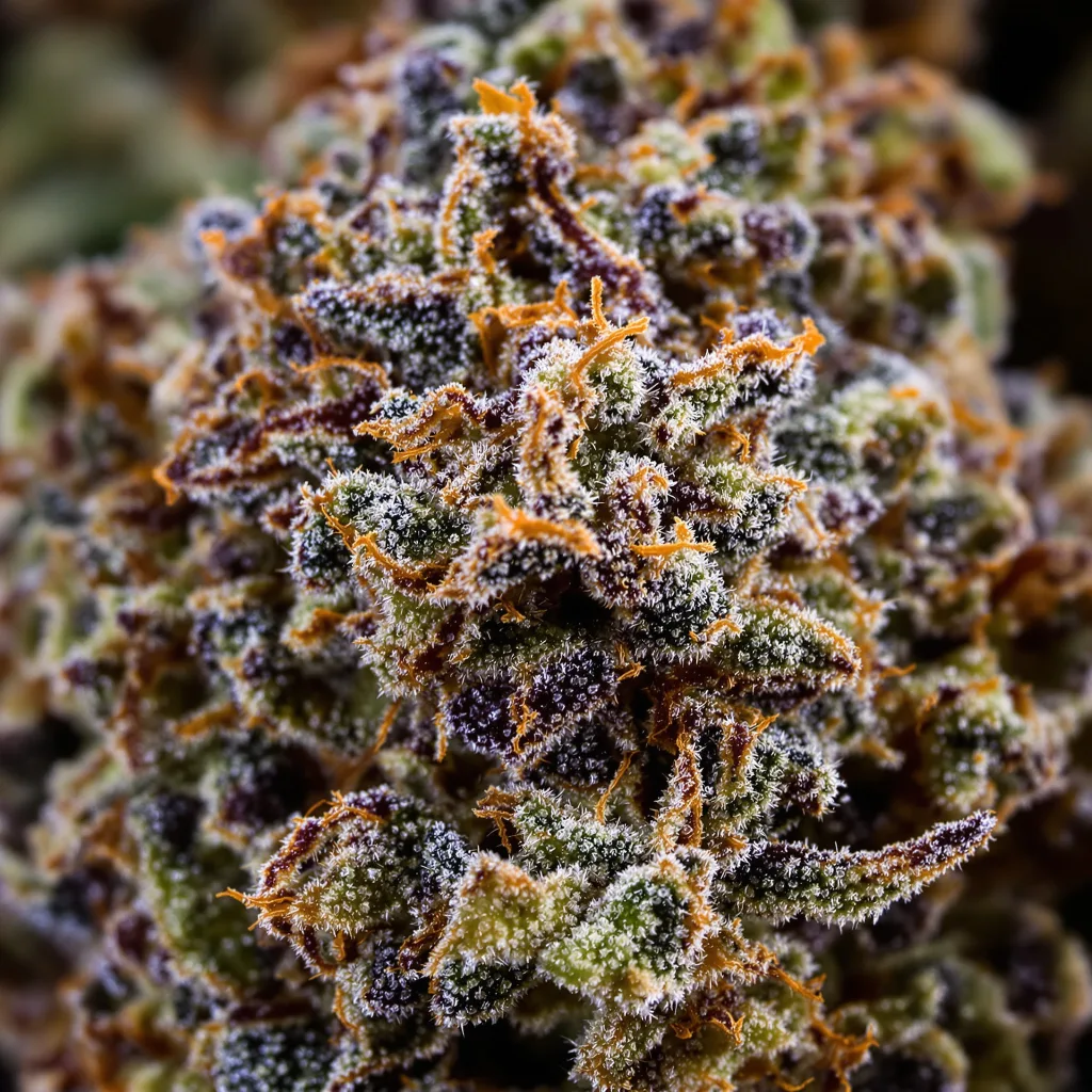 Primer plano de cogollo de cannabis Enemy of the State mostrando cálices densos con tonos morados