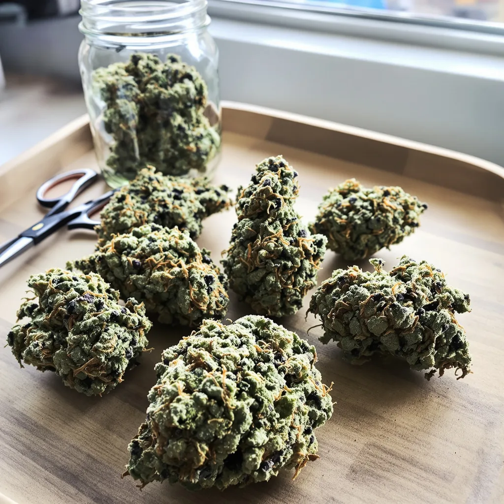 Envy 44% indica / 56% sativa — flor con tricomas visibles