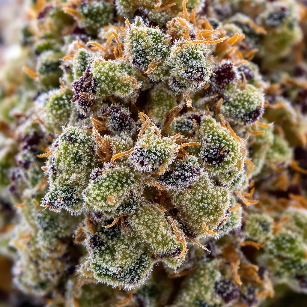 Primer plano de cogollo de cannabis Envy mostrando estructura equilibrada con tricomas escarchados