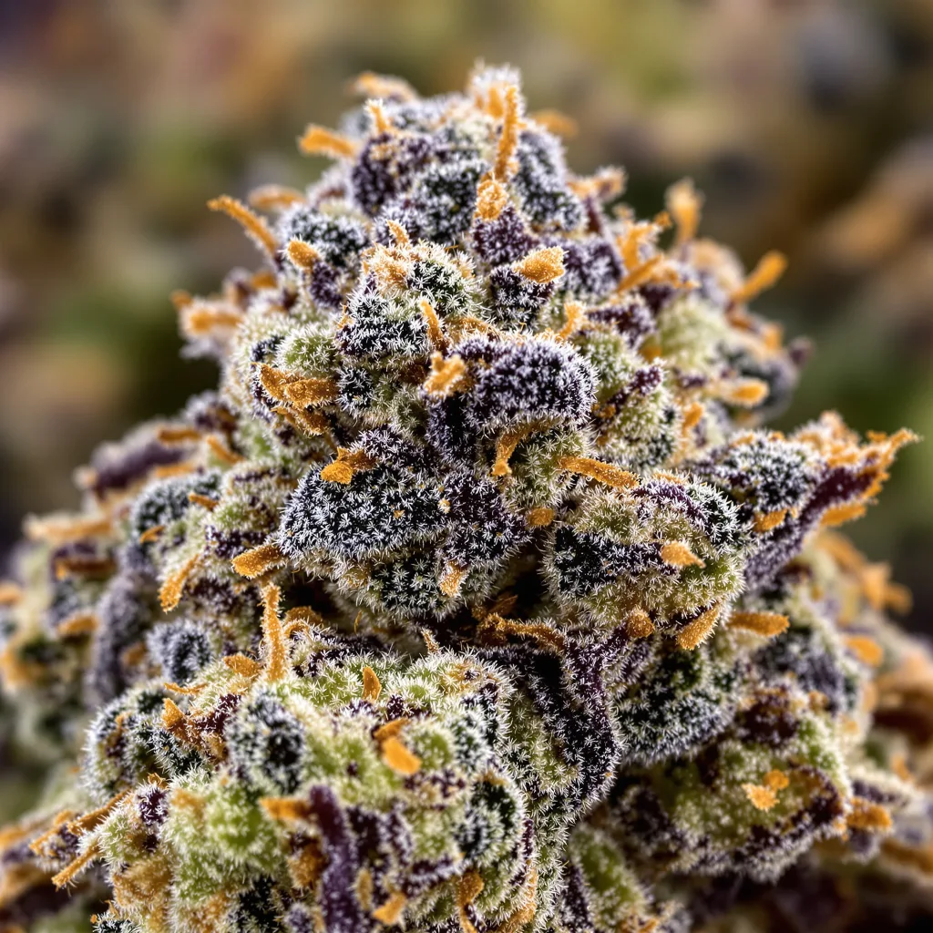 Primer plano de cogollo de cannabis Eran Almog mostrando cálices densos con tonos morados