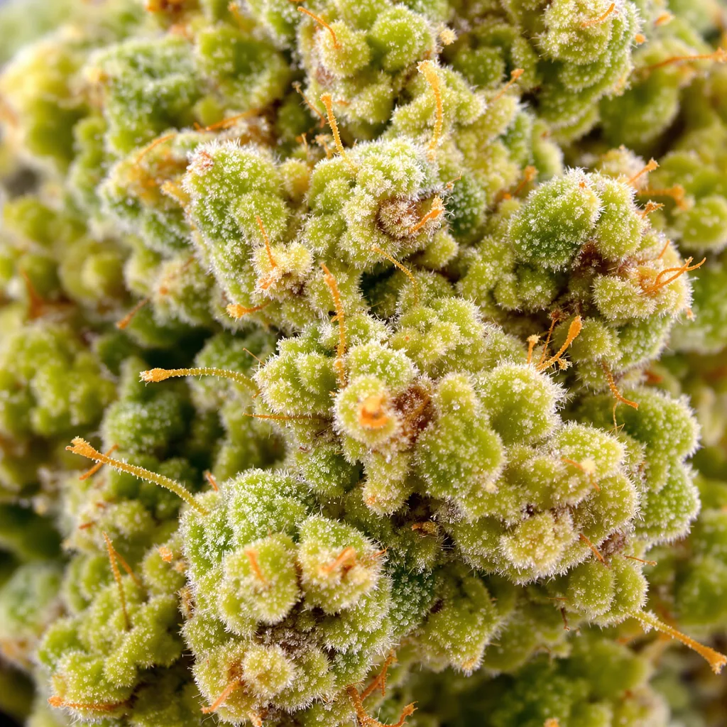 Primer plano de cogollo de cannabis Euforia mostrando estructura aireada verde lima