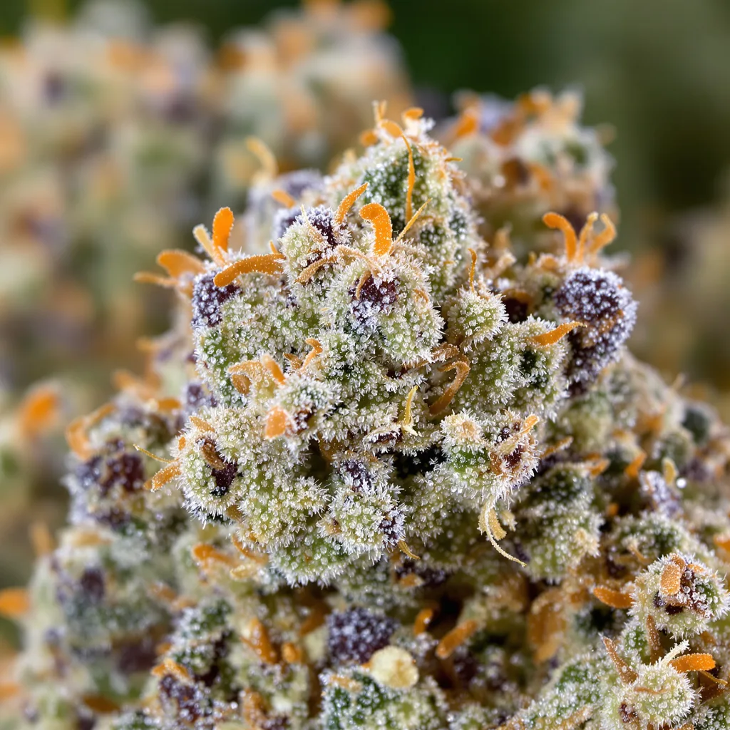 Primer plano de cogollo de cannabis Euphoria Cookies mostrando estructura abierta con pistilos naranjas
