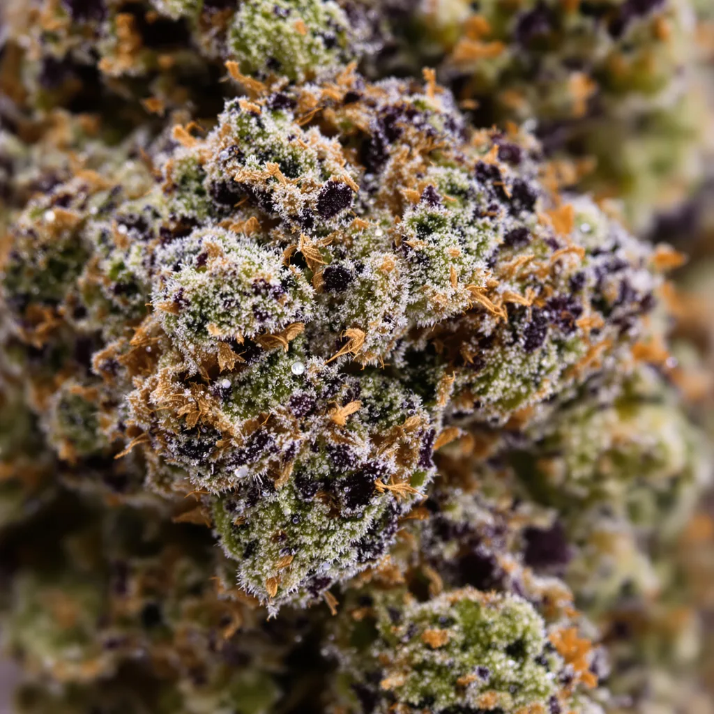 Primer plano de cogollo de cannabis Everlast mostrando cálices densos con tonos morados