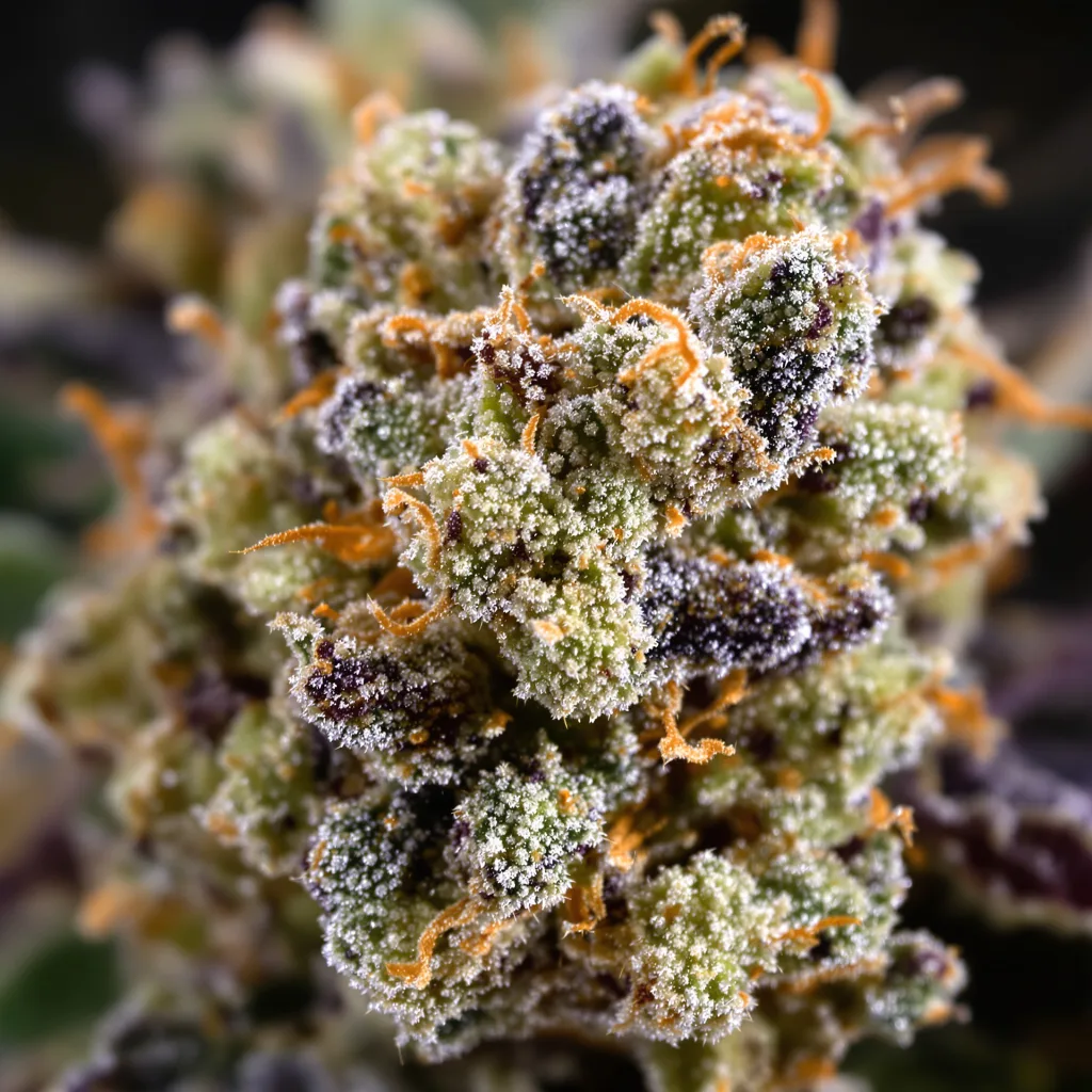 Primer plano de cogollo de cannabis Exodus Cheese mostrando estructura equilibrada con tricomas escarchados