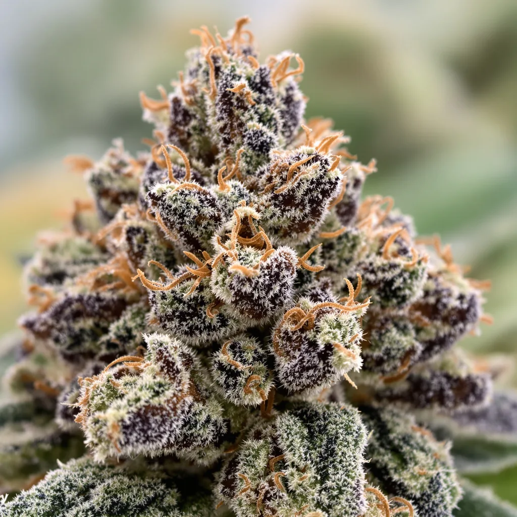 Primer plano de cogollo de cannabis Extreme Cream mostrando cálices densos con tonos morados