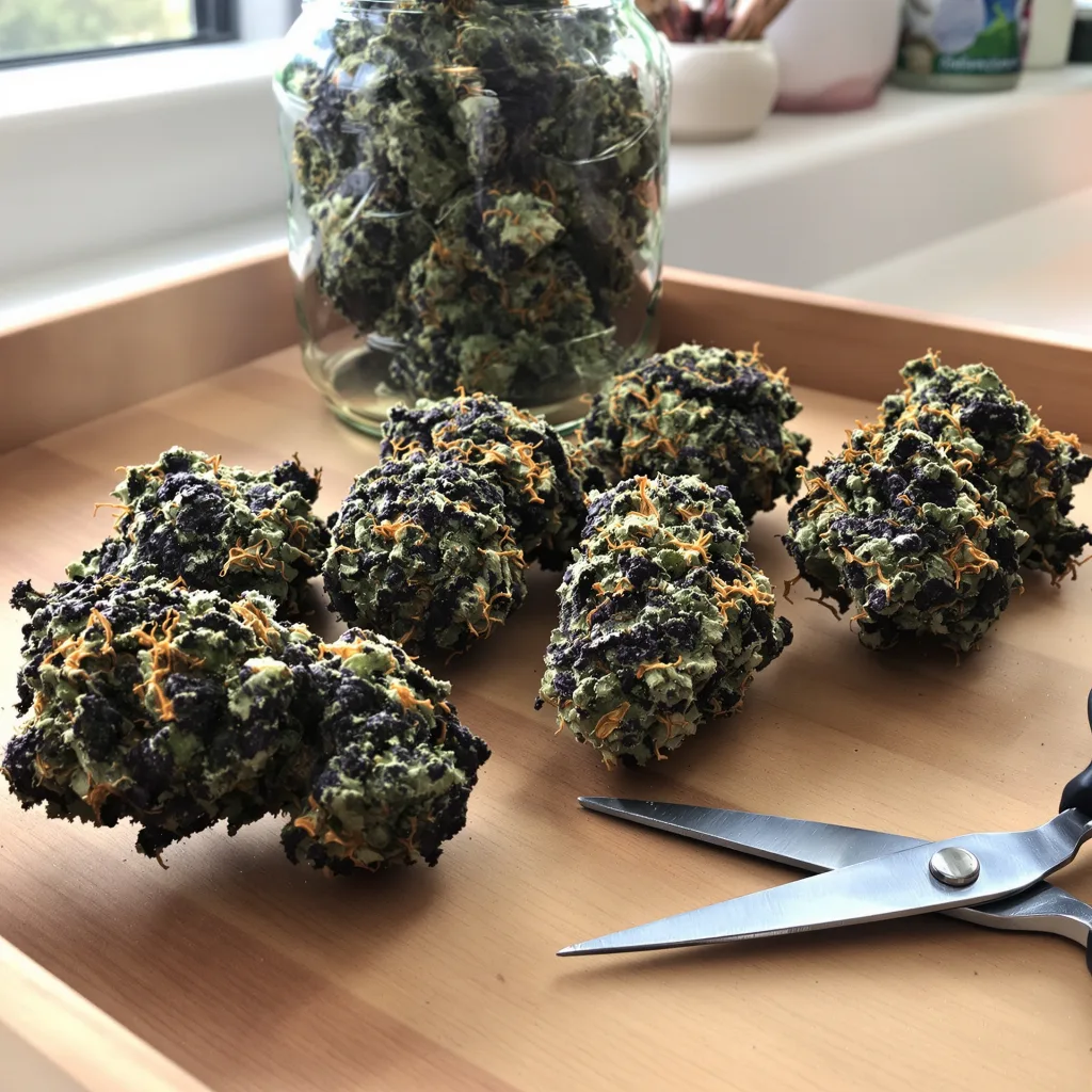 Face Off OG 75% indica / 25% sativa — flor con tricomas visibles