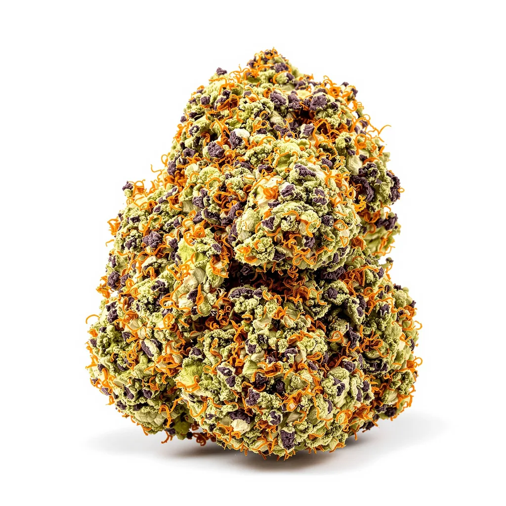 Face Off OG 75% indica / 25% sativa — flor con tricomas visibles