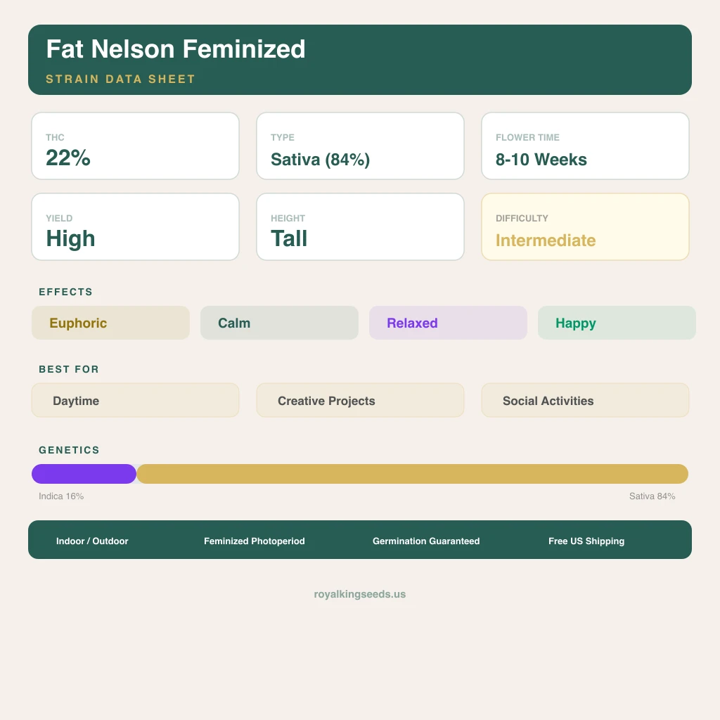 Fat Nelson 16% indica / 84% sativa — flor con tricomas visibles