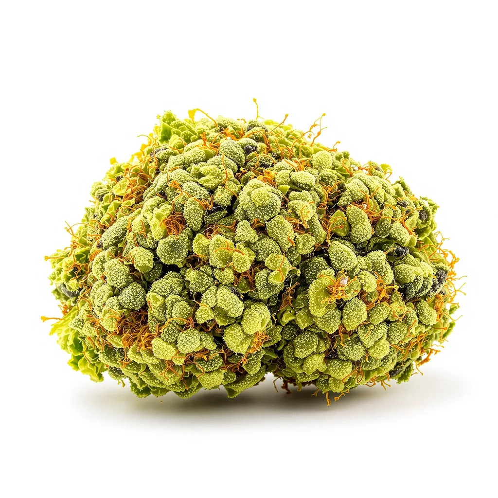 Fat Nelson 16% indica / 84% sativa — flor con tricomas visibles