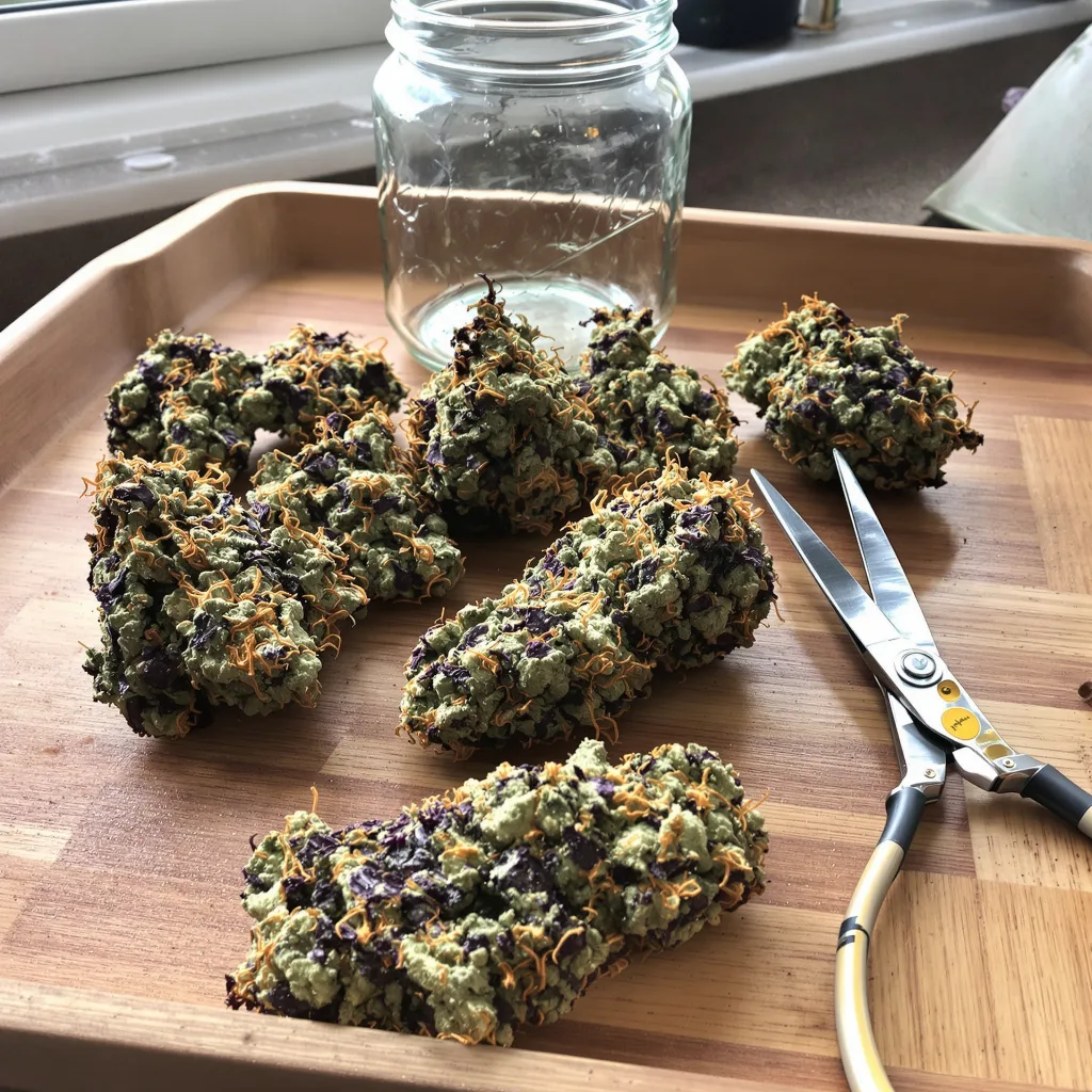 Fat Purple 74% indica / 26% sativa — flor con tricomas visibles