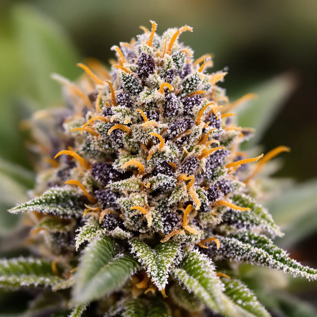 Primer plano de cogollo de cannabis Fat Purple mostrando cálices densos con tonos morados