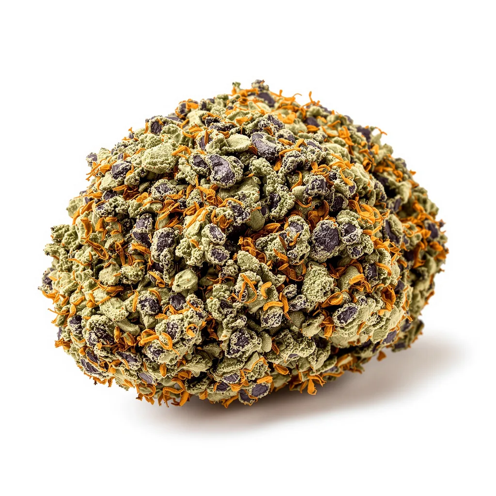 Fat Purple 74% indica / 26% sativa — flor con tricomas visibles