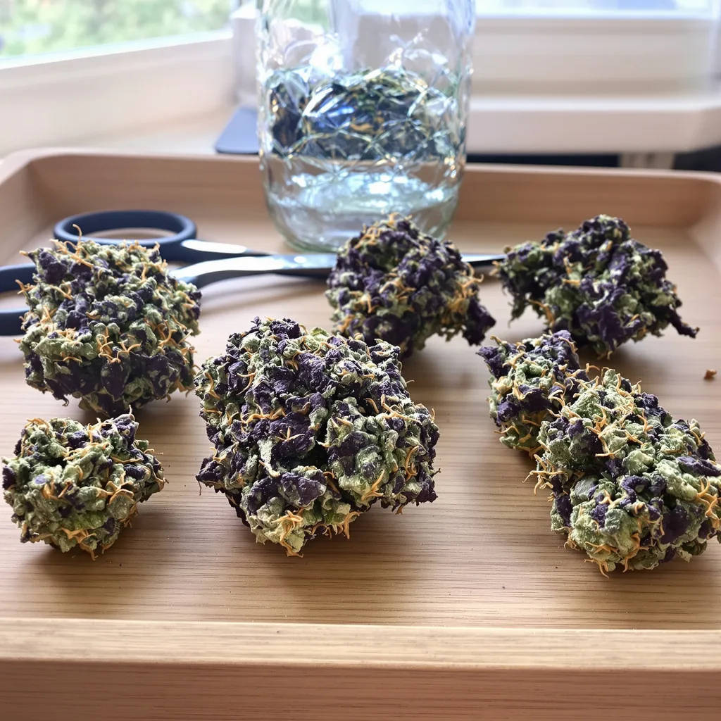 Fat Purple 74% indica / 26% sativa — flor con tricomas visibles