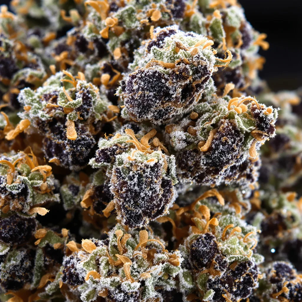 Primer plano de cogollo de cannabis Fat Purple mostrando cálices densos con tonos morados