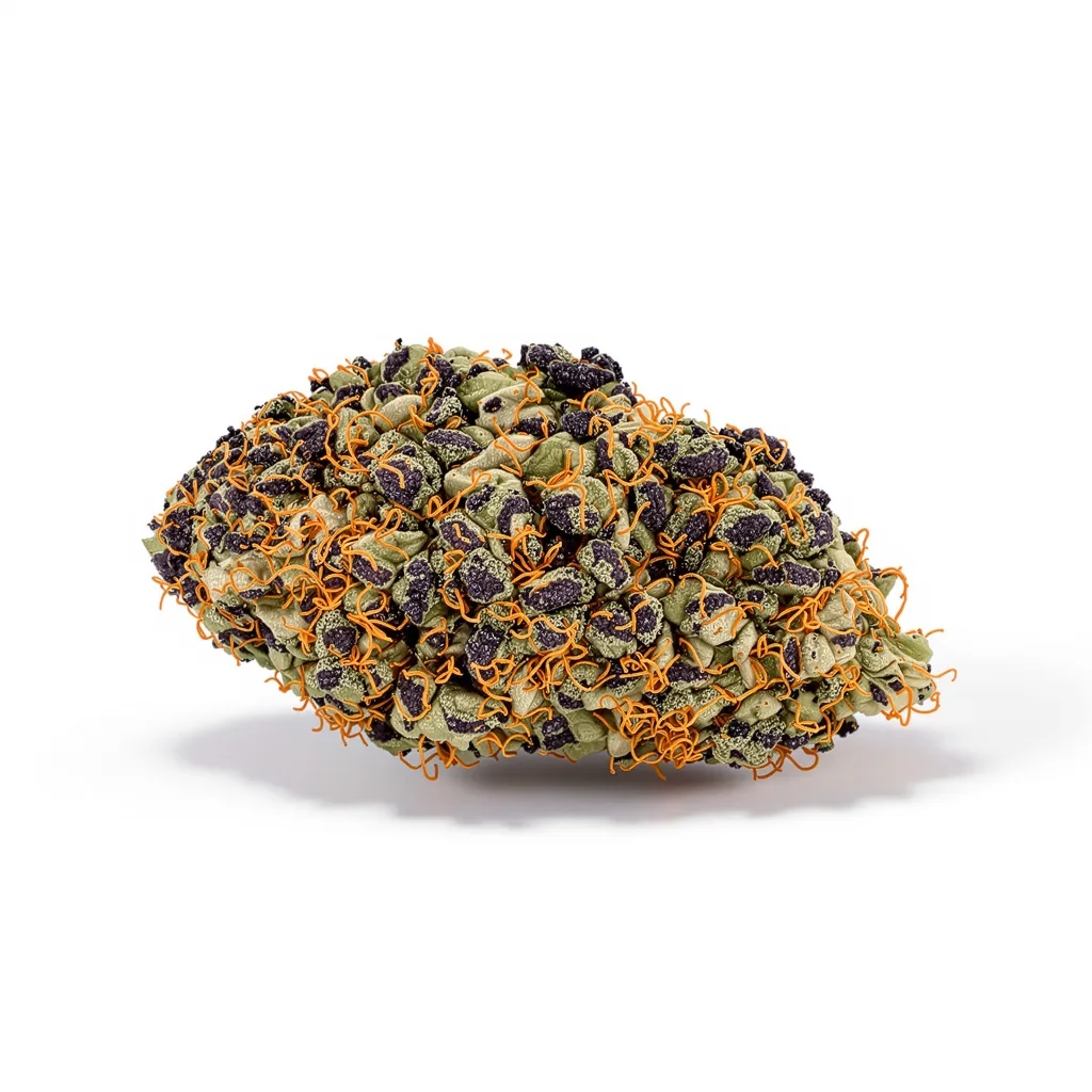 Fat Purple 74% indica / 26% sativa — flor con tricomas visibles