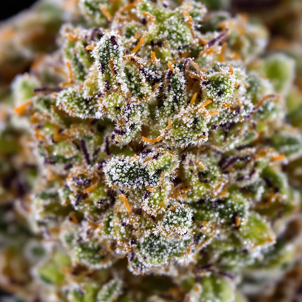 Primer plano de cogollo de cannabis Faygo Red Pop mostrando estructura abierta con pistilos naranjas
