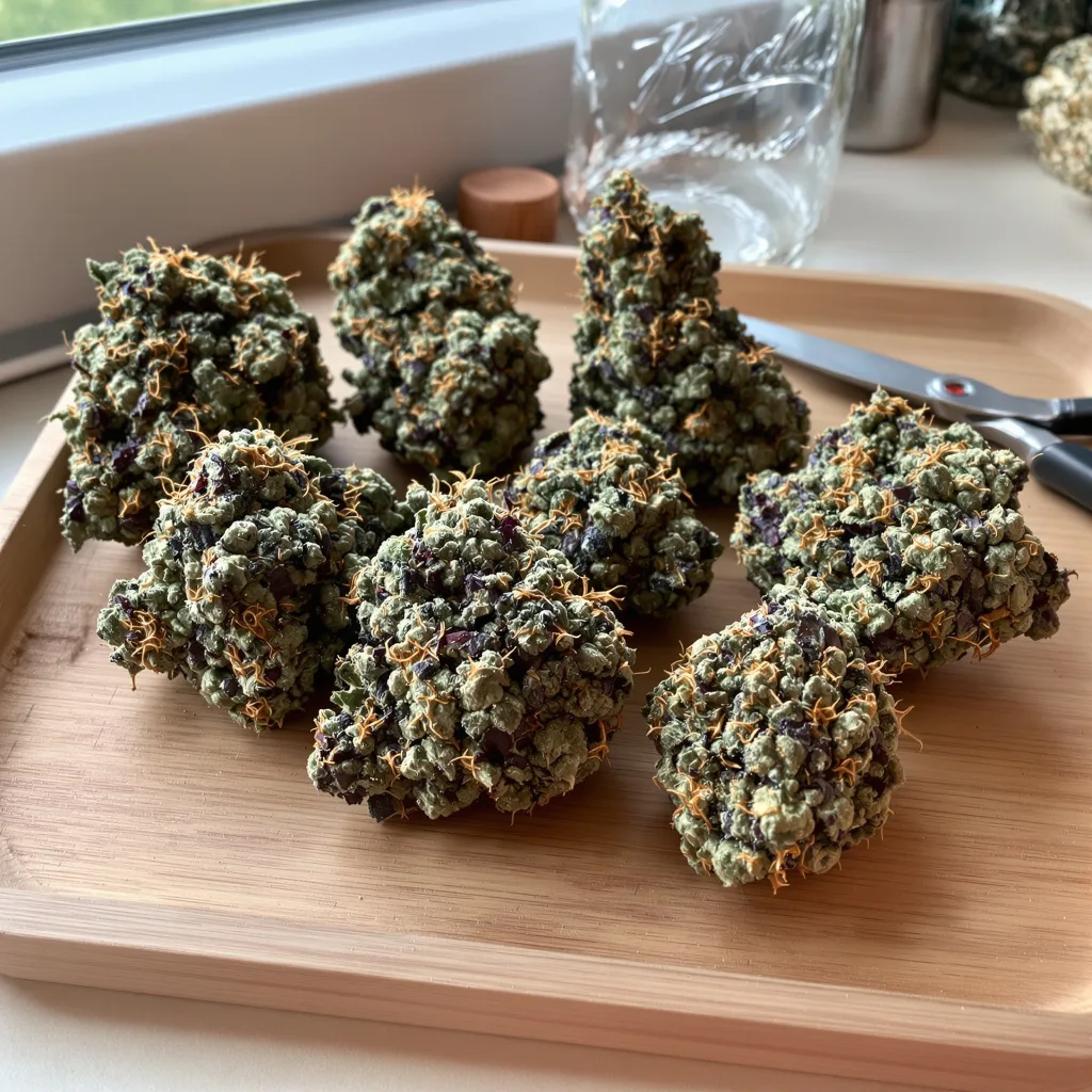 Fire OG 86% indica / 14% sativa — flor con tricomas visibles